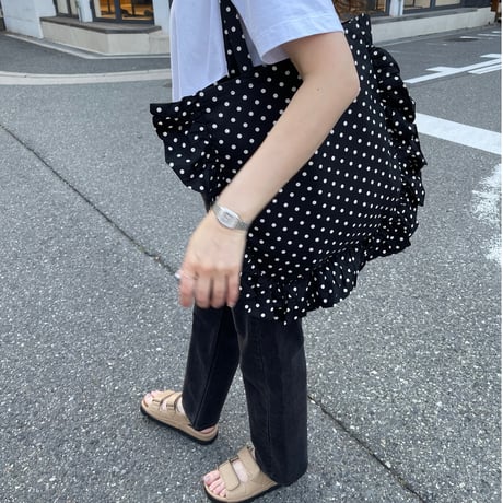 Dot frill tote bag(Black)