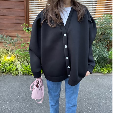 Puff sleeve sweat cardigan(Black)