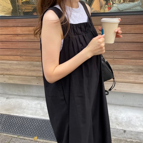 Wide pants cotton salopetto(Black)
