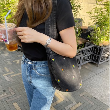 Flower denim tote(Black)