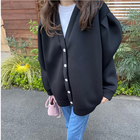Puff sleeve sweat cardigan(Black)
