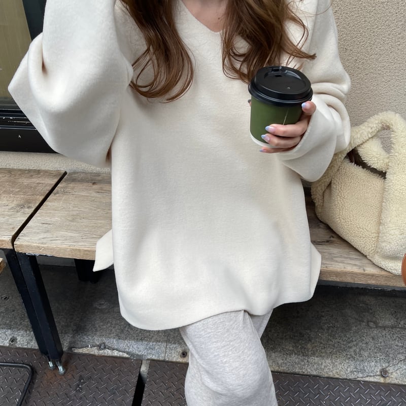 Fleece v-neck pullover(Ivory) | K