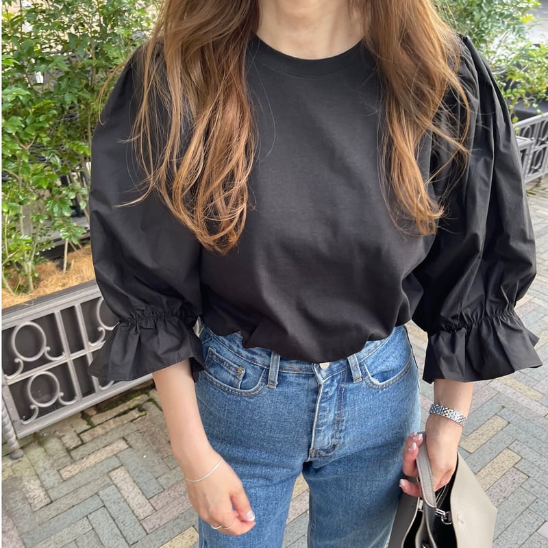 liten／Candy blouse/キャンディブラウス/ブラック/美品 ラナン RANAN チュールドッキングフラワーレースキャンディー