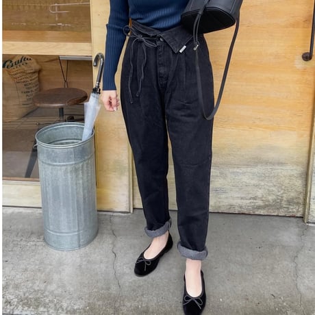Ribbon high-waist rollup denim(Black)