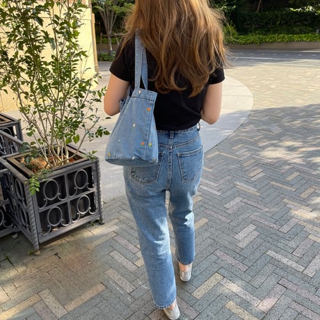 Flower denim tote(Light blue)