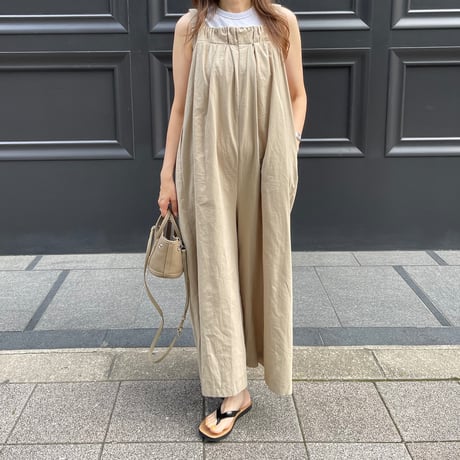 Wide pants cotton salopetto(Beige)