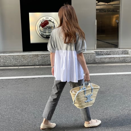 Contrast puff sleeve tops(Gray)