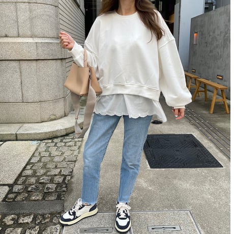 Cotton lace layered sweat(White)