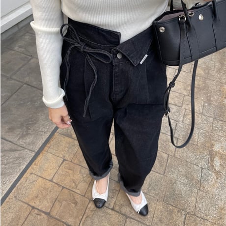 Ribbon high-waist rollup denim(Black)