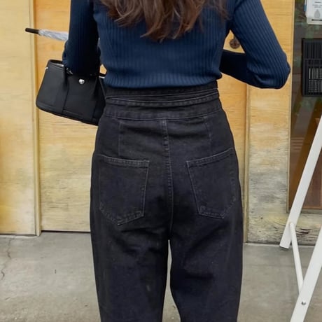 Ribbon high-waist rollup denim(Black)