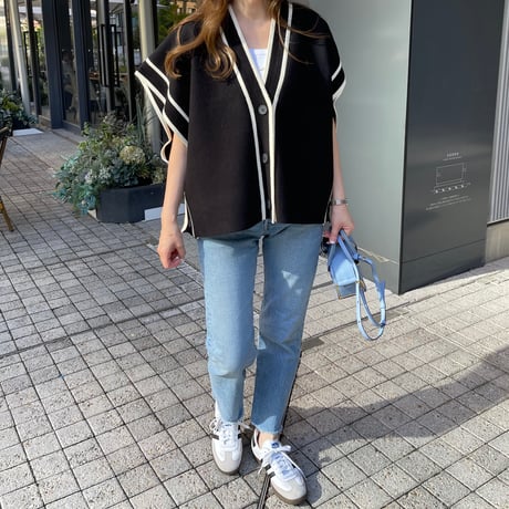 Piping knit cardigan(Black)