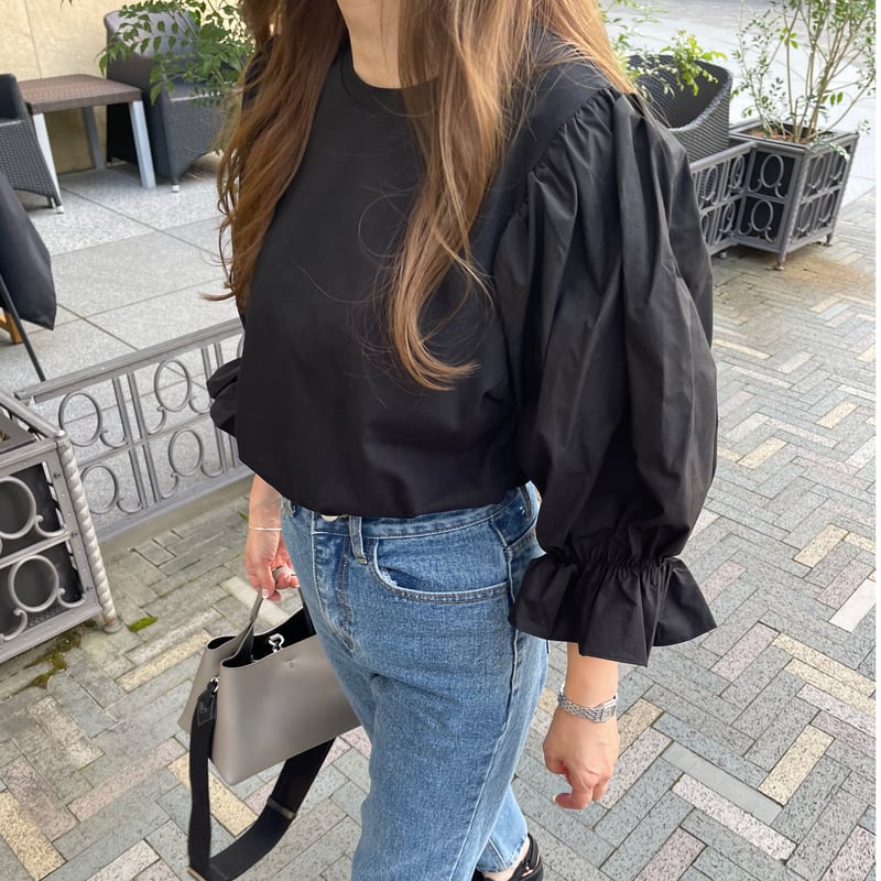 liten／Candy blouse/キャンディブラウス/ブラック/美品 キャンディースリーブ小花柄チュニックブラウス - ベルーナ【公式】