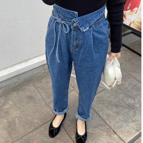 Ribbon high-waist rollup denim(Blue)