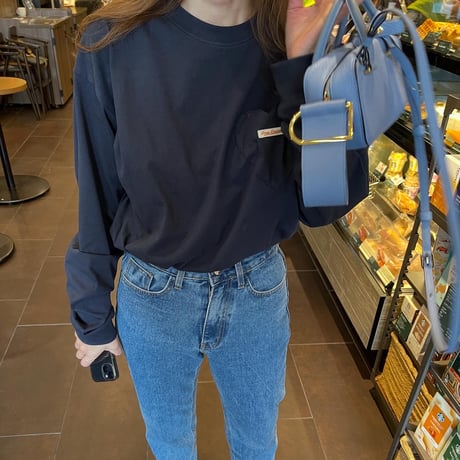 Heart pocket long t-shirts(Navy)