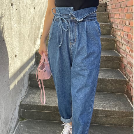 Ribbon high-waist rollup denim(Blue)