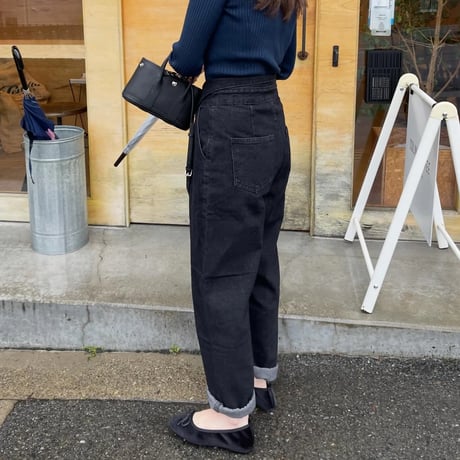 Ribbon high-waist rollup denim(Black)