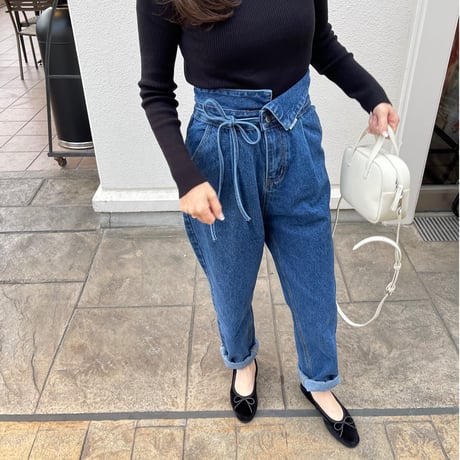 Ribbon high-waist rollup denim(Blue)
