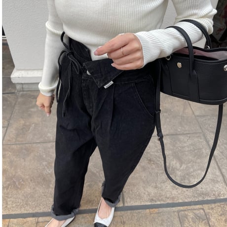 Ribbon high-waist rollup denim(Black)