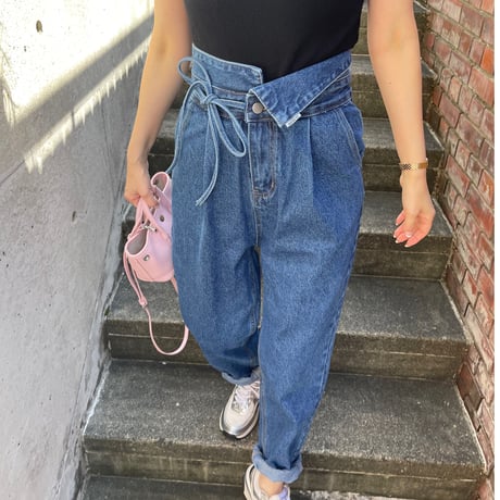 Ribbon high-waist rollup denim(Blue)