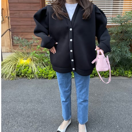 Puff sleeve sweat cardigan(Black)