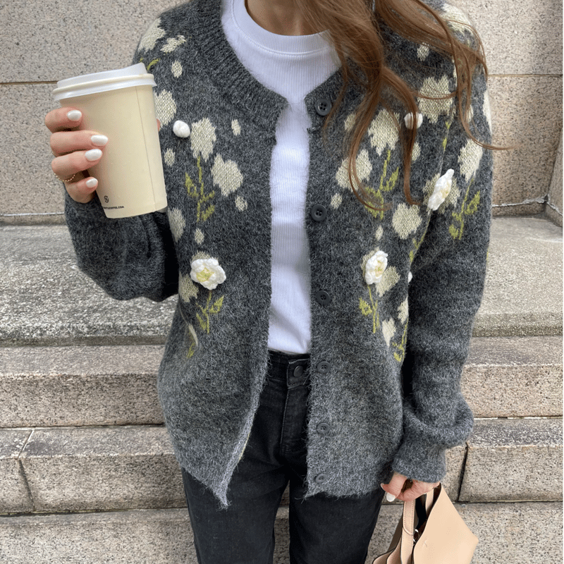 Flower pompon cardigan(Gray) | K