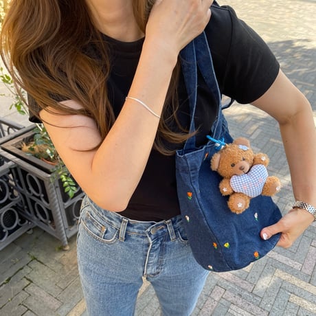 Flower denim tote(Dark blue)