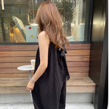 Wide pants cotton salopetto(Black)