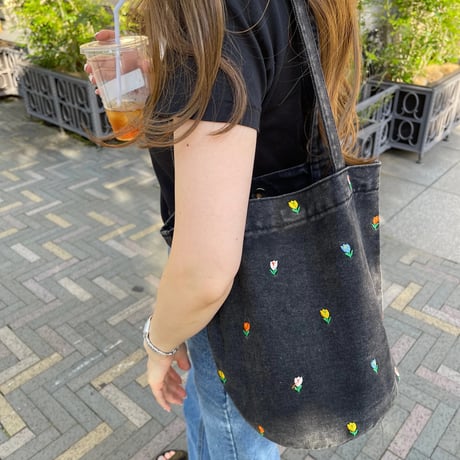 Flower denim tote(Black)