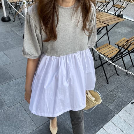 Contrast puff sleeve tops(Gray)