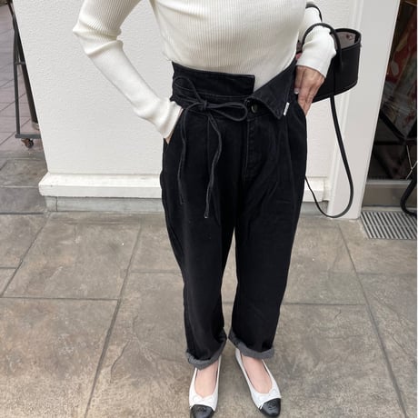 Ribbon high-waist rollup denim(Black)