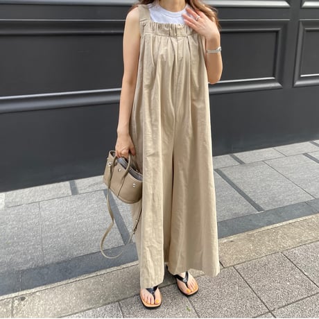 Wide pants cotton salopetto(Beige)