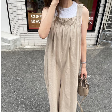 Wide pants cotton salopetto(Beige)