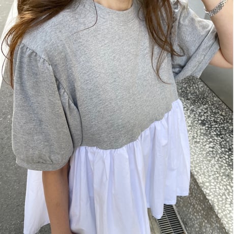 Contrast puff sleeve tops(Gray)