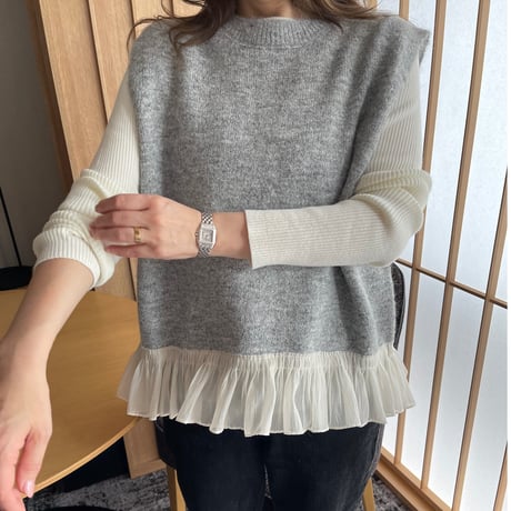 chiffon frill knit vest(Gray)