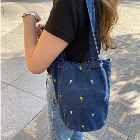Flower denim tote(Dark blue)