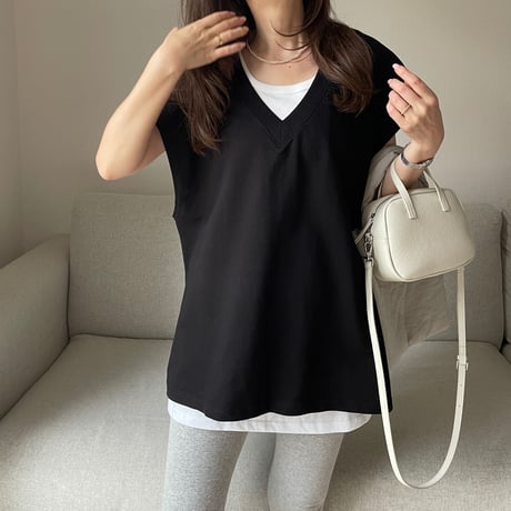 V-neck sweat vest(Black)