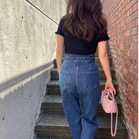 Ribbon high-waist rollup denim(Blue)