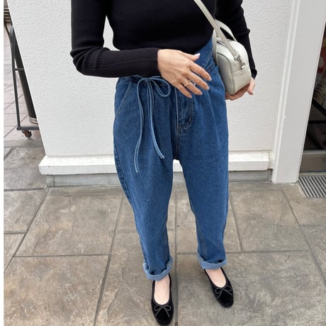 Ribbon high-waist rollup denim(Blue)