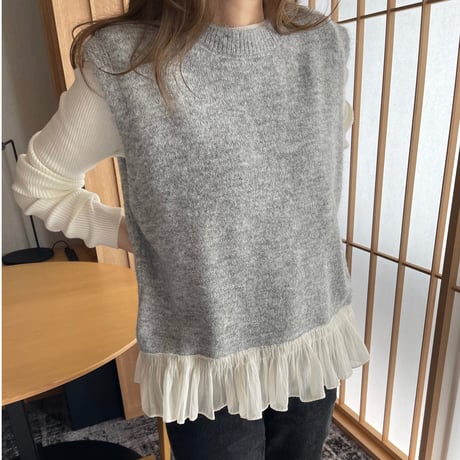 chiffon frill knit vest(Gray)
