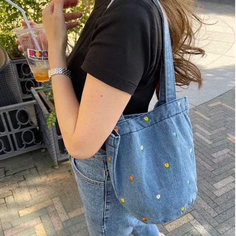 Flower denim tote(Light blue)