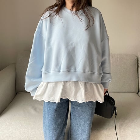 Cotton lace layerd sweat(Blue)