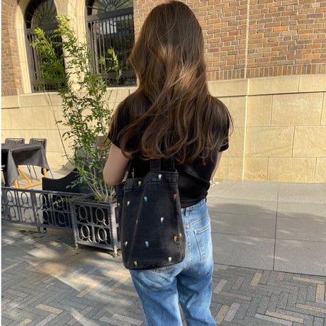 Flower denim tote(Black)