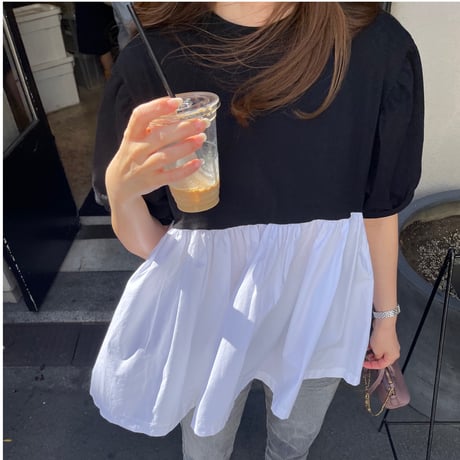 Contrast puff sleeve tops(Black)