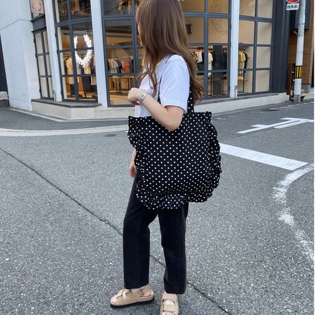 Dot frill tote bag(Black)