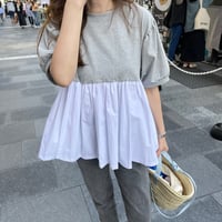 Contrast puff sleeve tops(Gray)