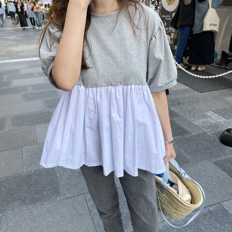 Contrast puff sleeve tops(Gray)