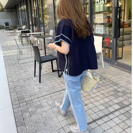 Piping knit cardigan(Navy)