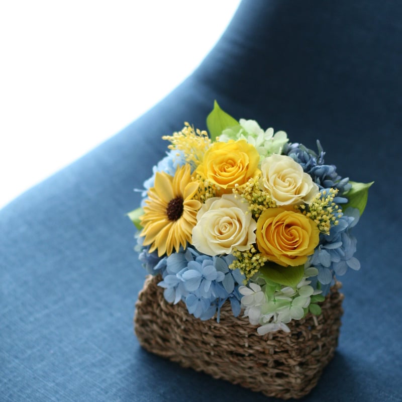オーダーメイド】プリザーブドフラワー／バスケット（イエロー＆ブルー