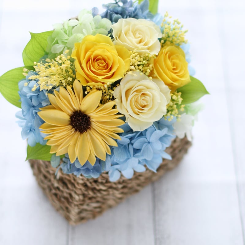 オーダーメイド】プリザーブドフラワー／バスケット（イエロー＆ブルー