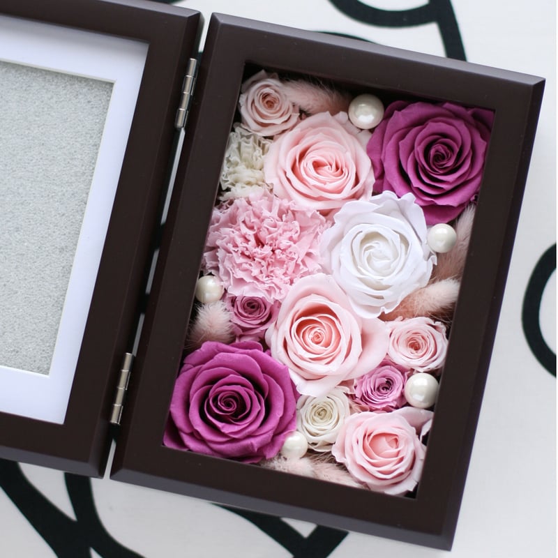 オーダーメイド】プリザーブドフラワー／フォトフレームこげ茶（ピンク